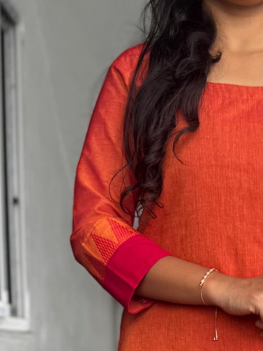 Orange & Pink Mangalagiri Cotton 3-Piece Set