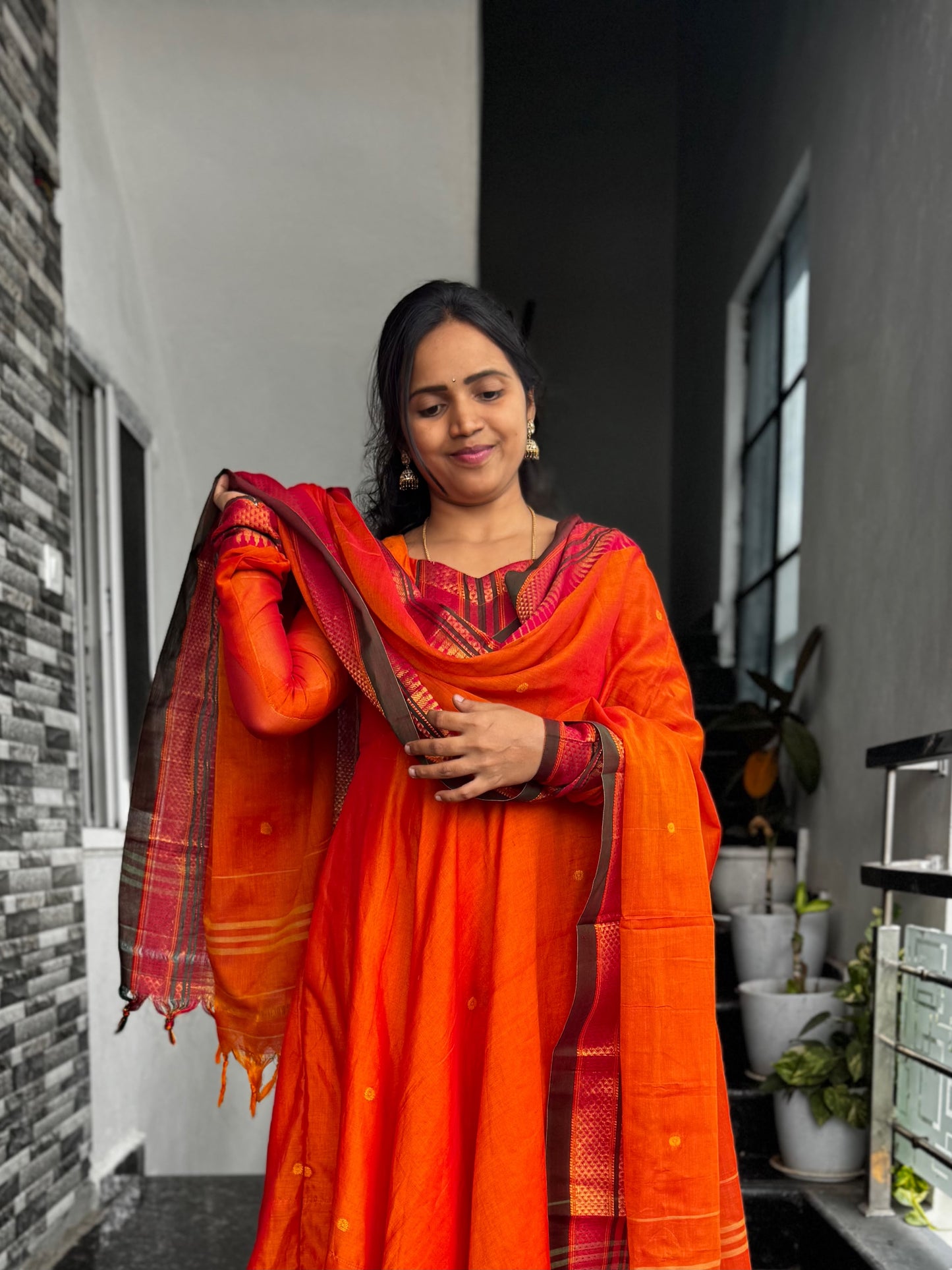 Orange Narayanpet Anarkali 2-Piece Set