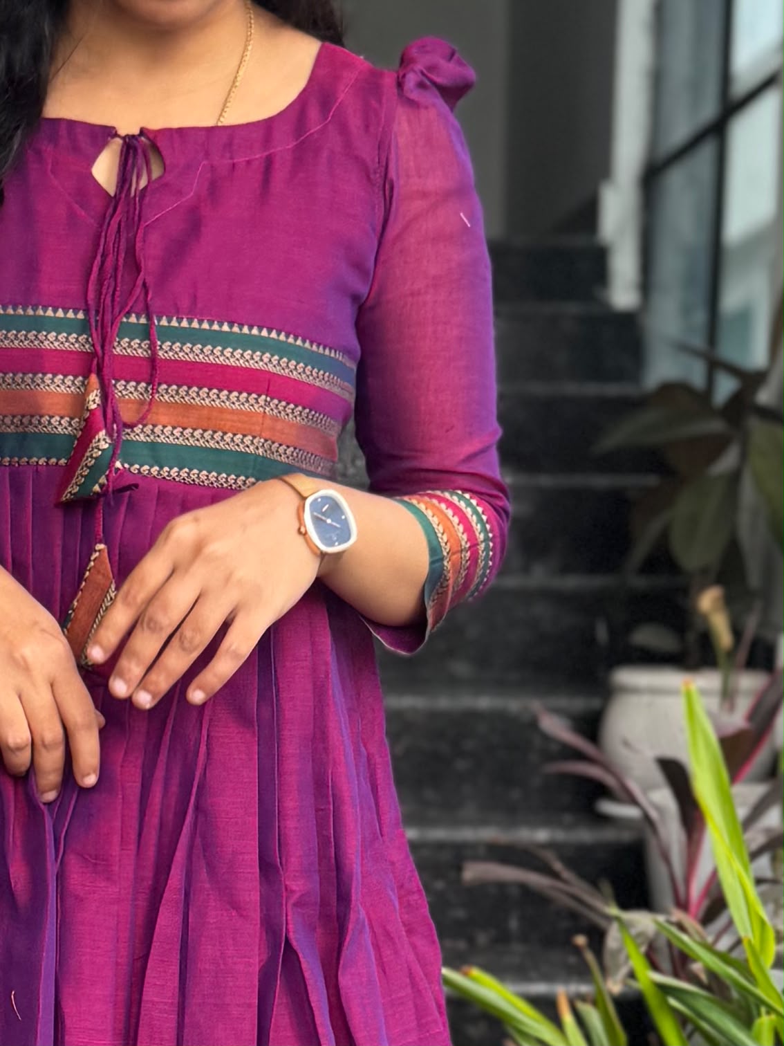 Magenta Narayanpet Frock with Multicolour Border