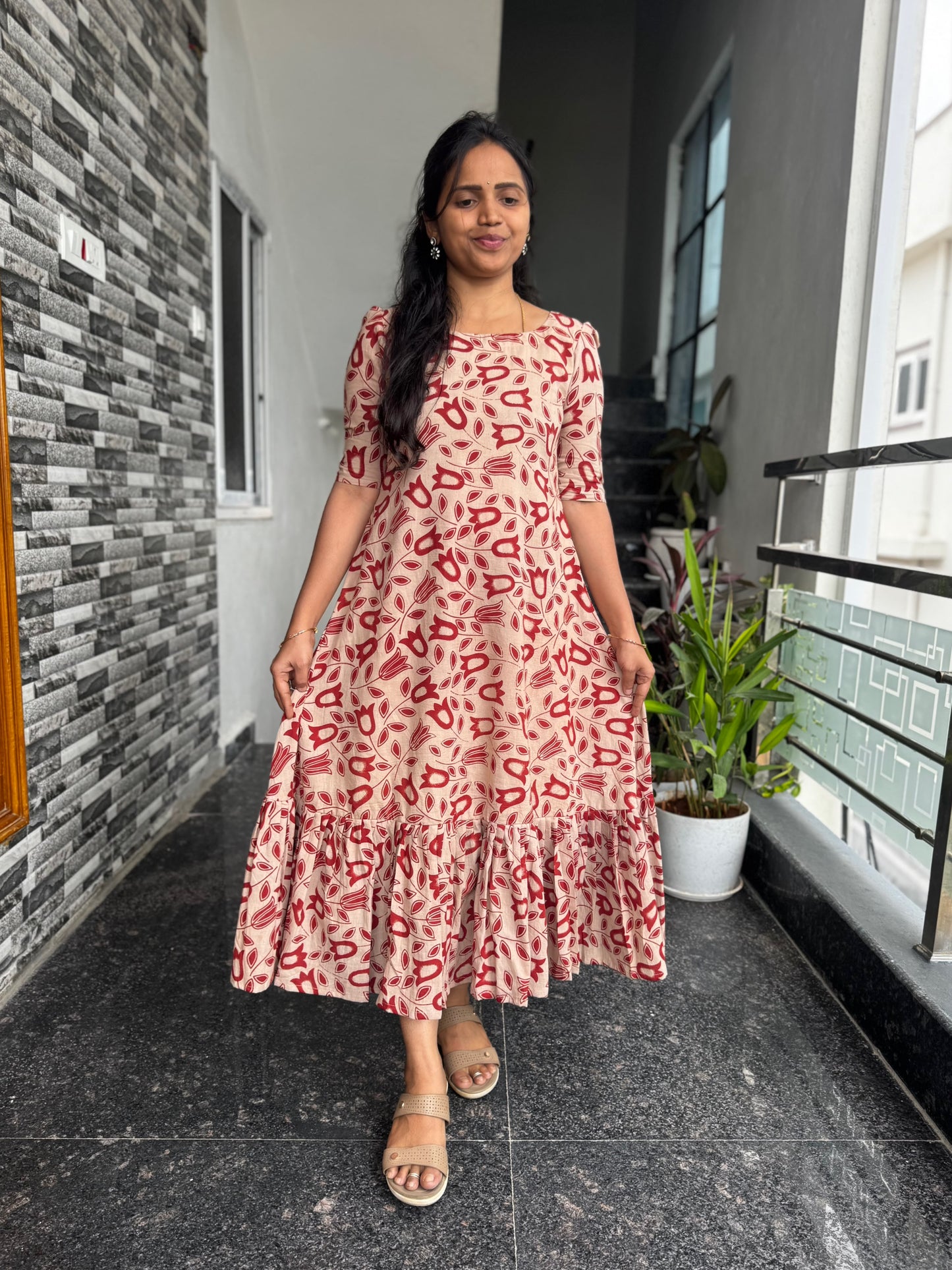 Cream Kalamkari Frock with Red Tulips