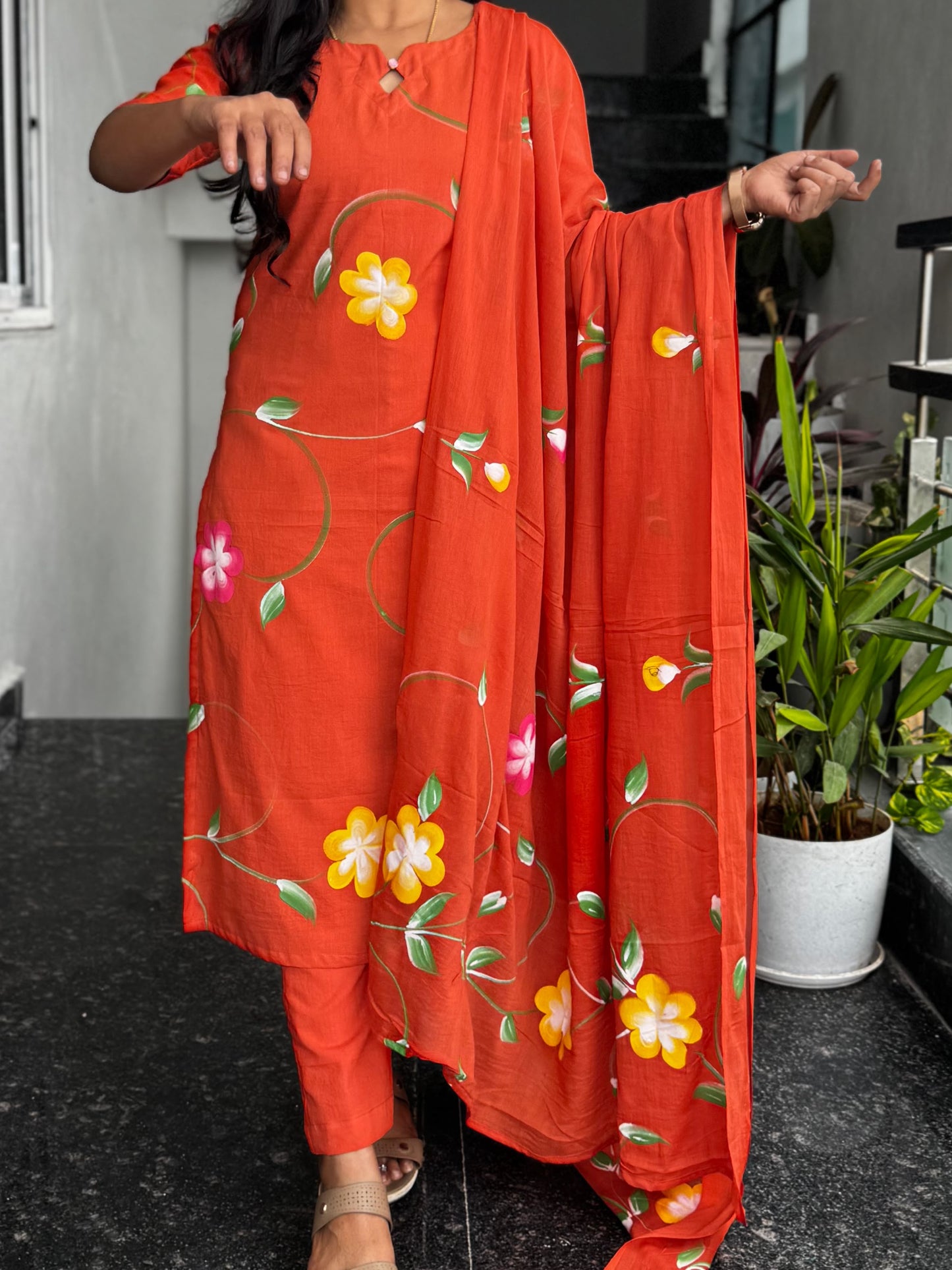 Rust Orange Bagru Hand-Printed Mul Cotton 3-Piece Set