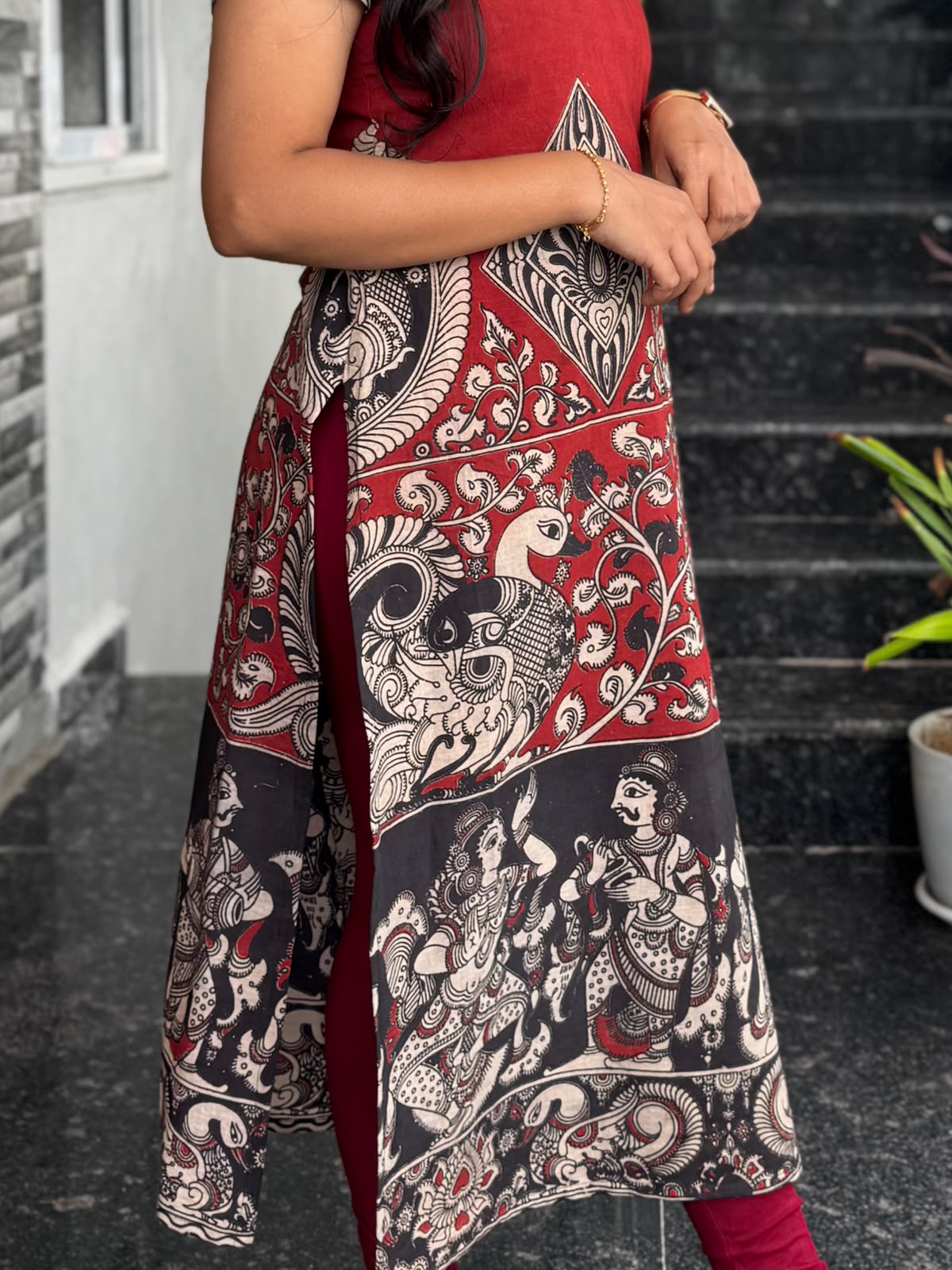 Red & Black Kalamkari Screen Print Straight Cut Kurta
