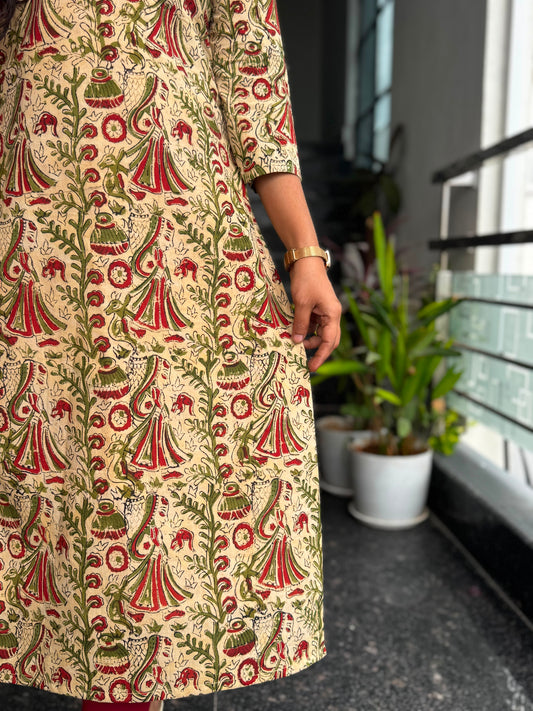Cream Kalamkari Block Print Straight Cut Kurta