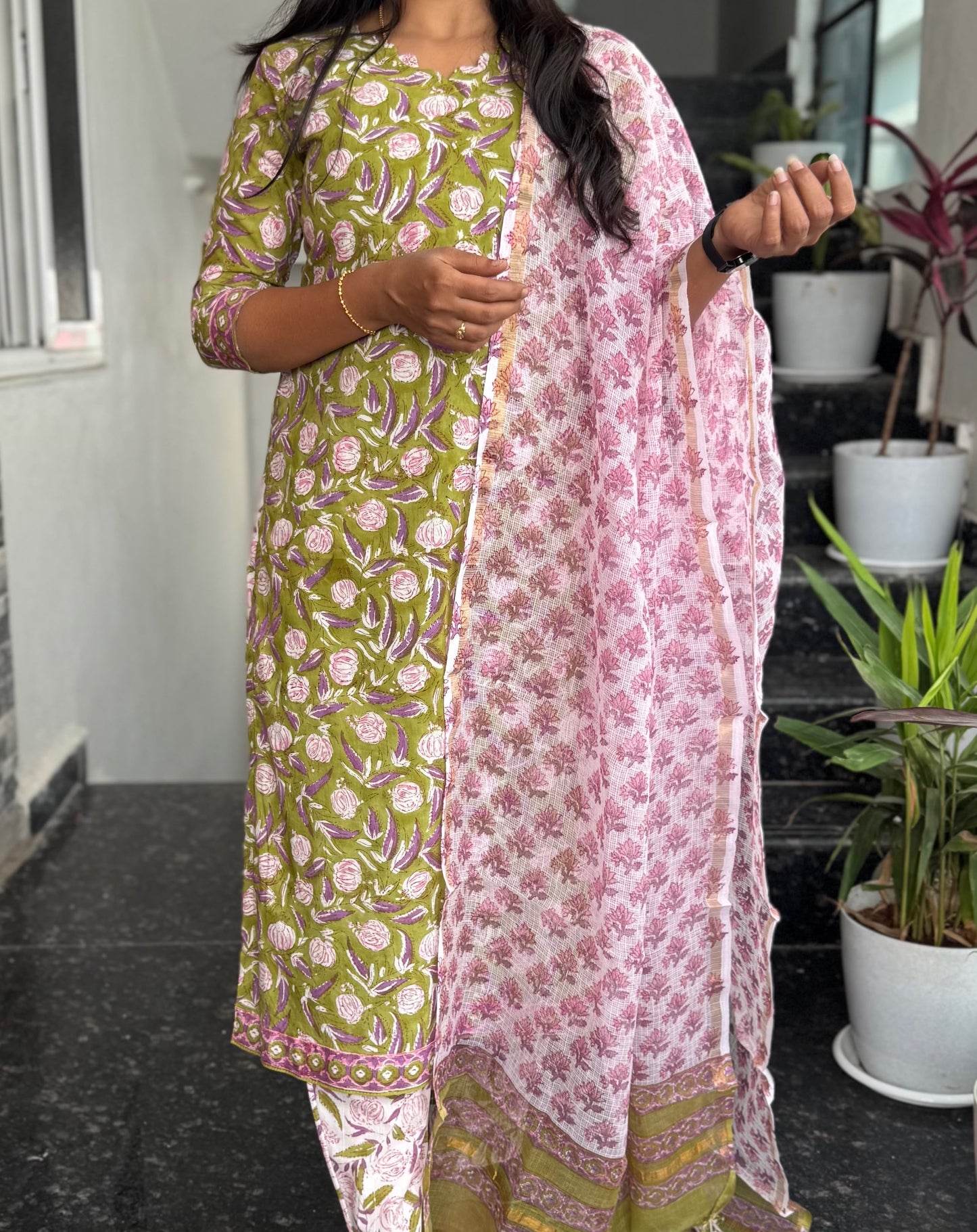 Olive Green Bagru Mul Cotton 3-Piece Set