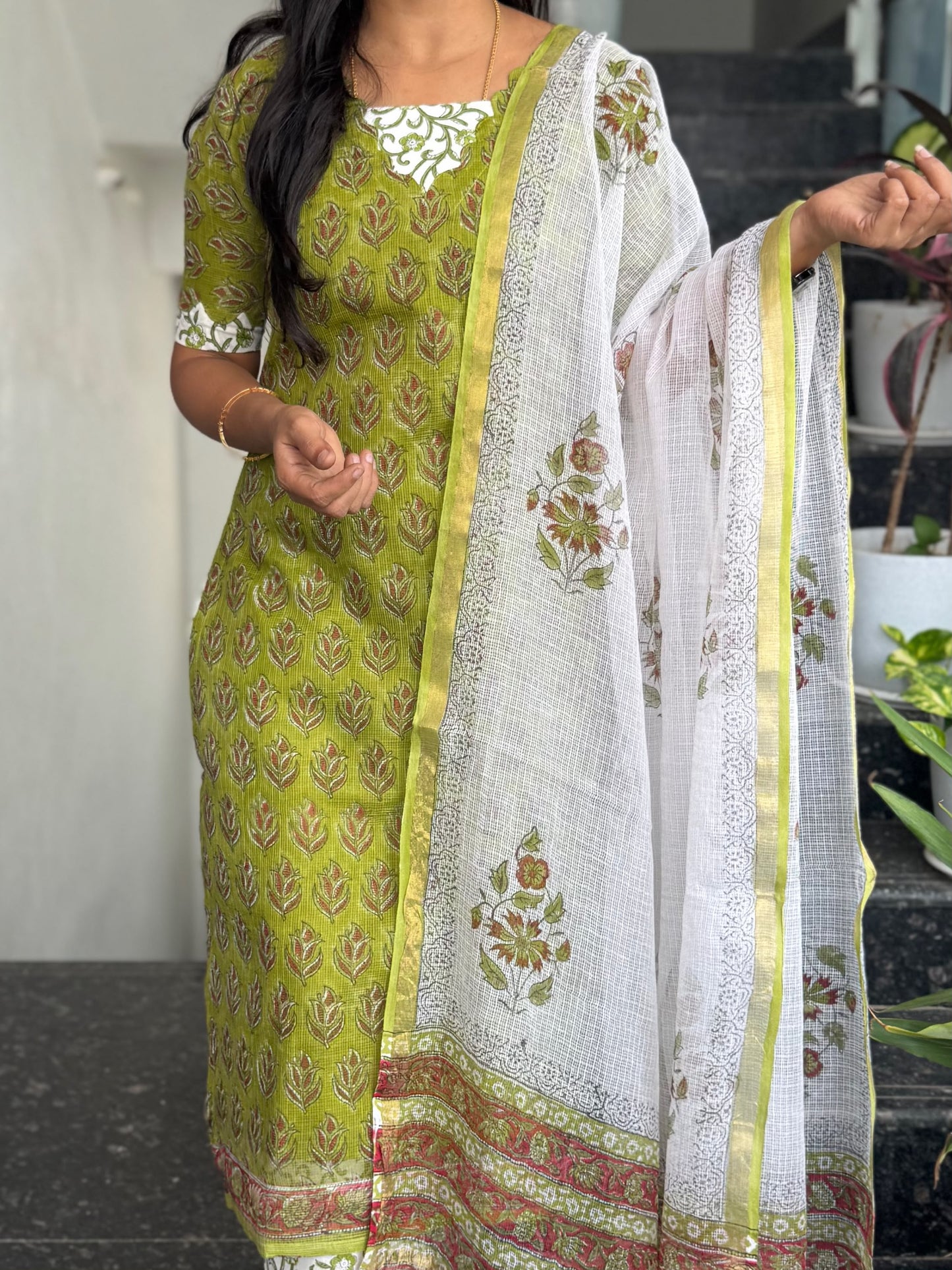 Parrot Green Kota Cotton 3-Piece Set