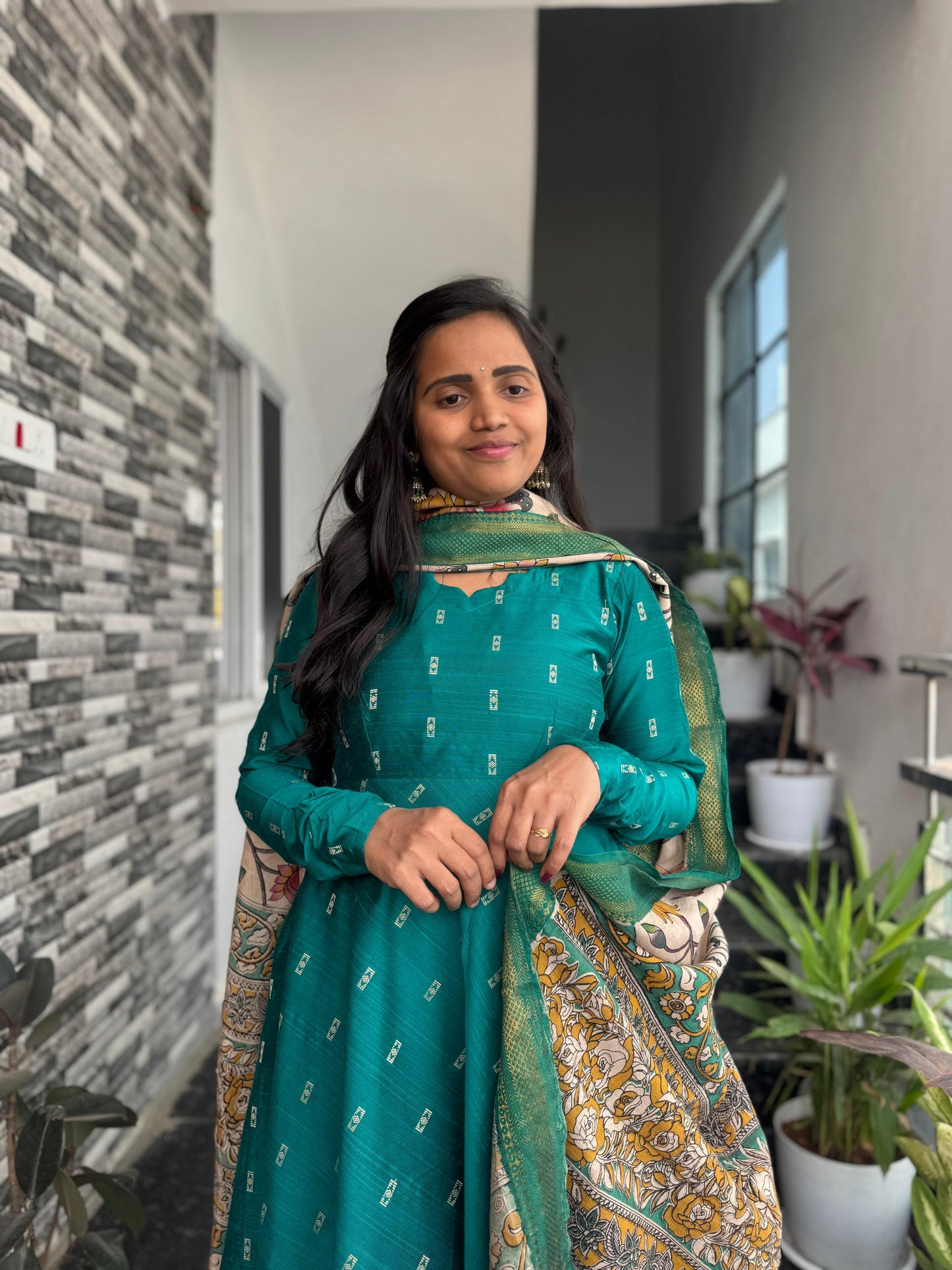 Teal Green Raw Silk Anarkali with Kalamkari Dupatta – 2-Piece Set