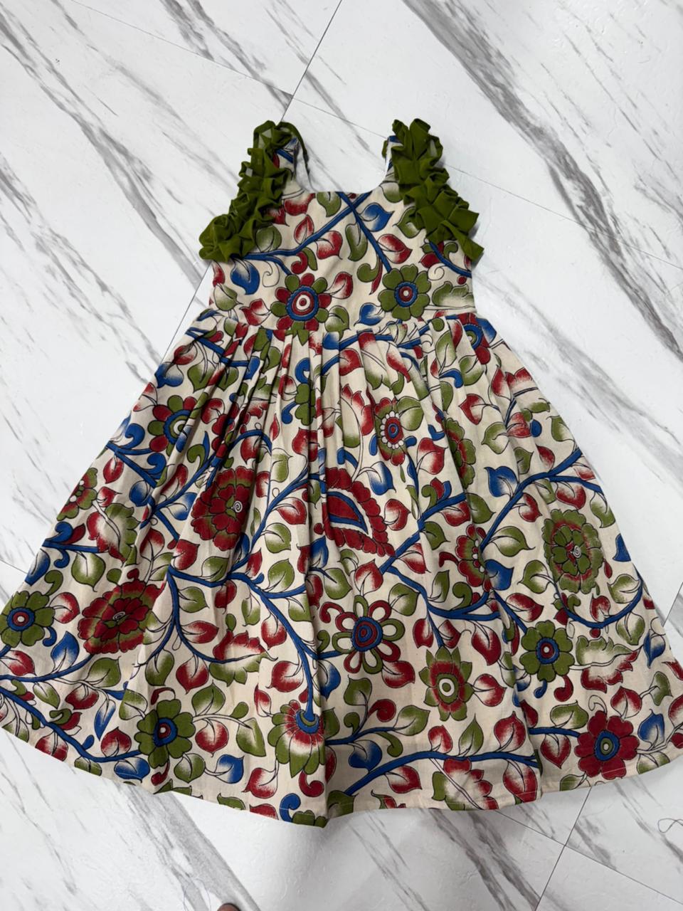 Cream Green Kalamkari Screen Print Cotton Kids Frock