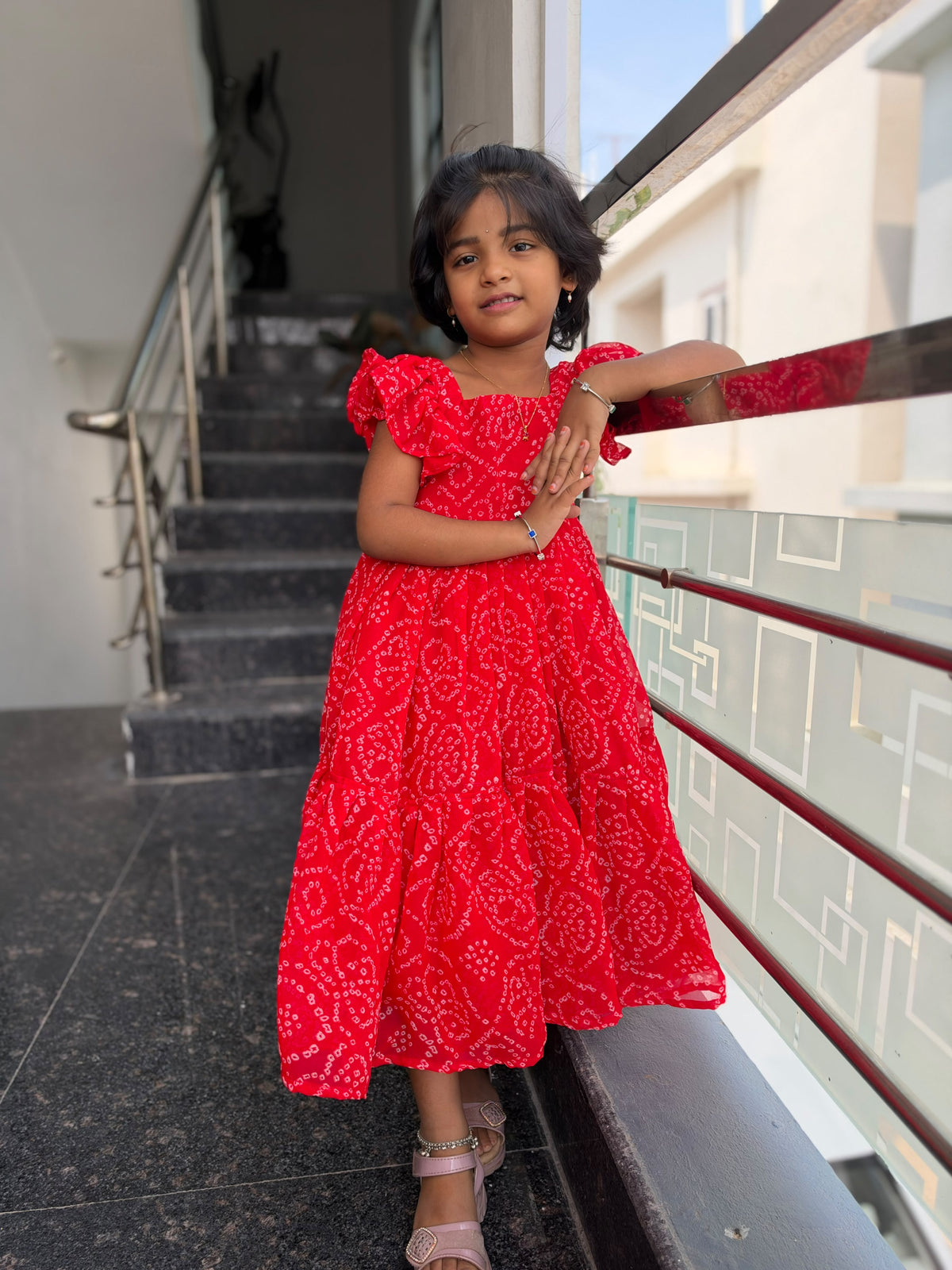Red Bandini Kids Wear – Traditional Tie-Dye Print & Ruffled Sleeves
