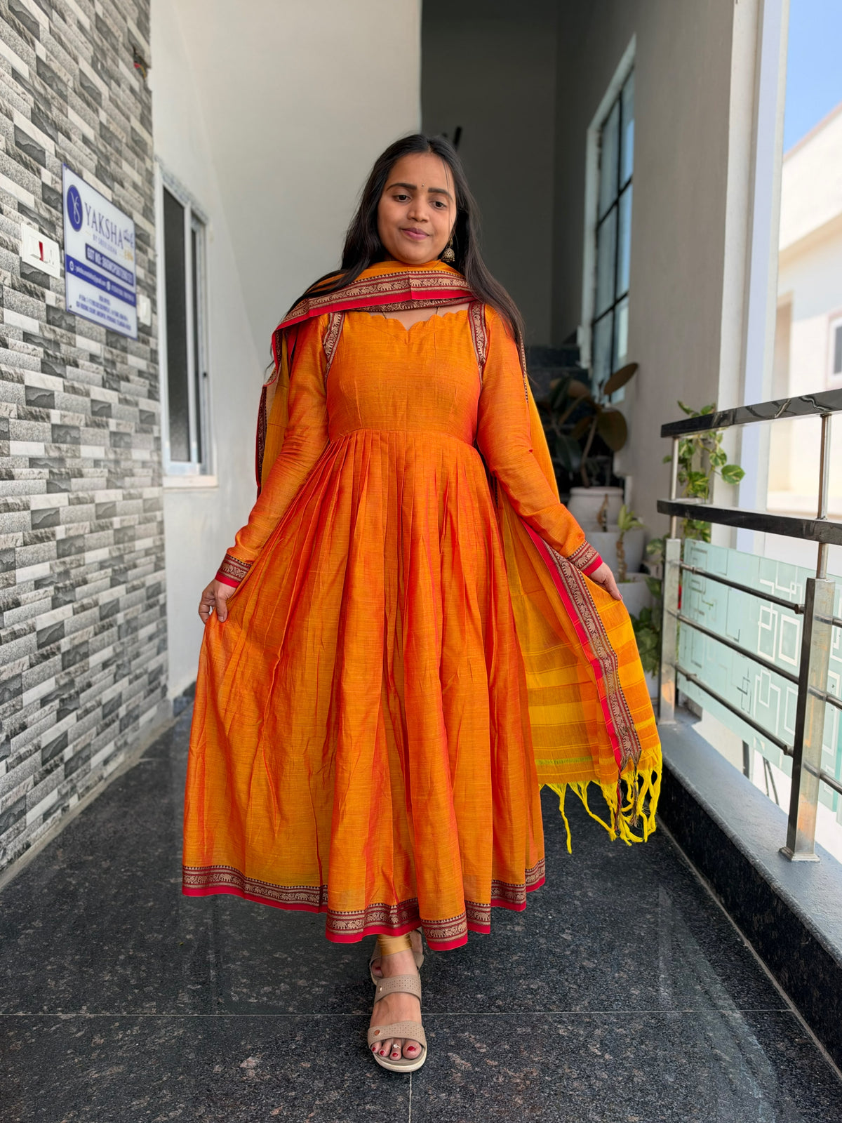 Yellow Narayanpet Anarkali 2-Piece Set – Traditional Woven Border