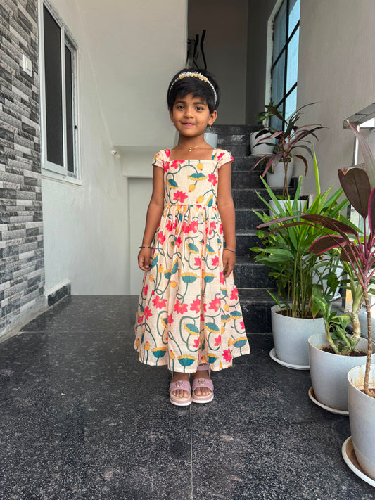 Cream Kota Cotton Floral Kids Wear