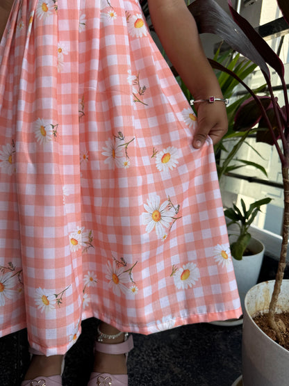 Peach Mul Cotton Floral Checkered Kids Wear