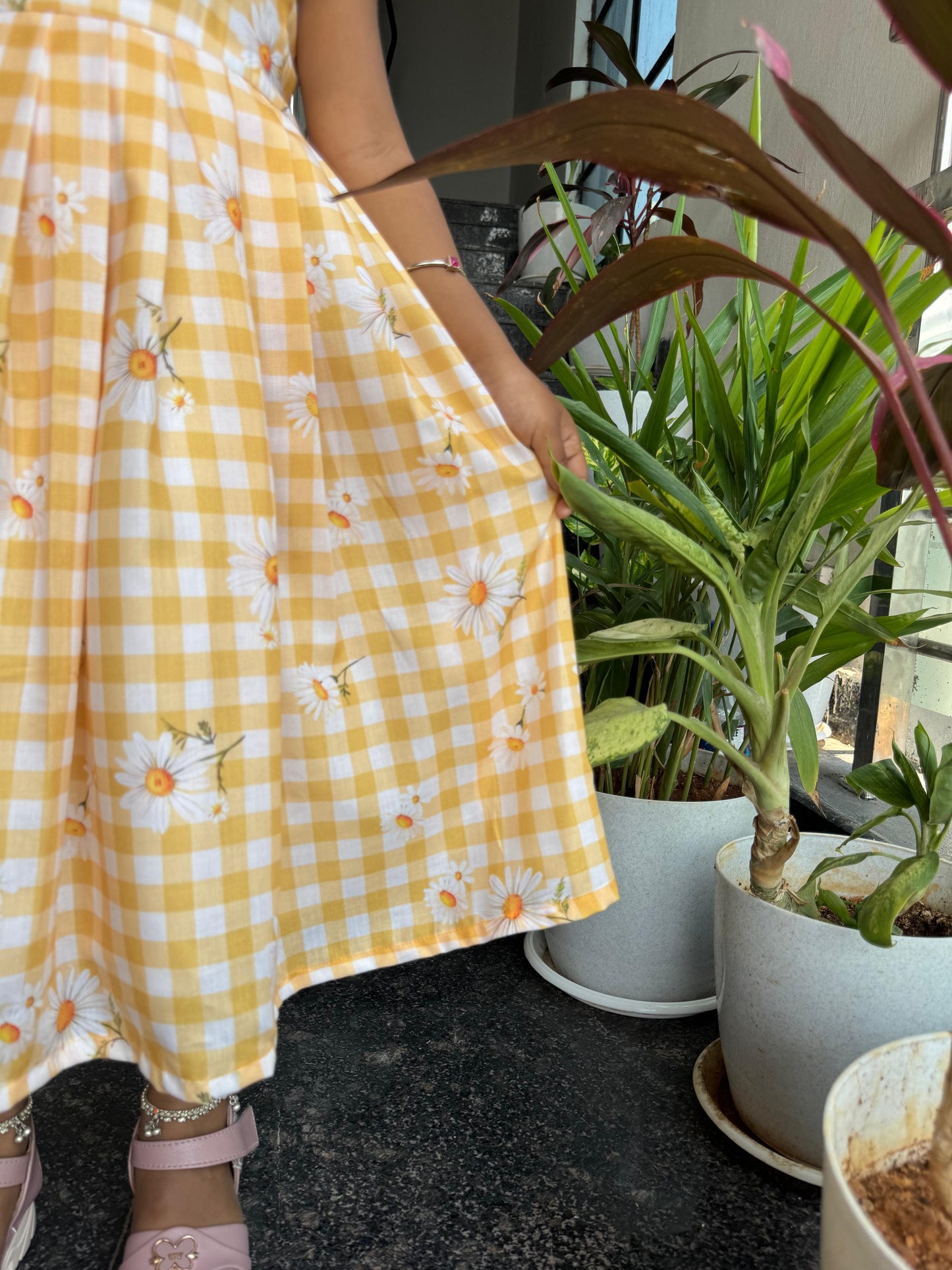 Mustard Yellow Mul Cotton Floral Checkered Kids wear