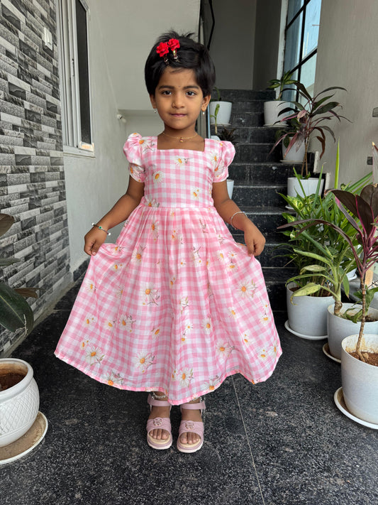 Pink Mul Cotton Floral Checkered Kids Wear