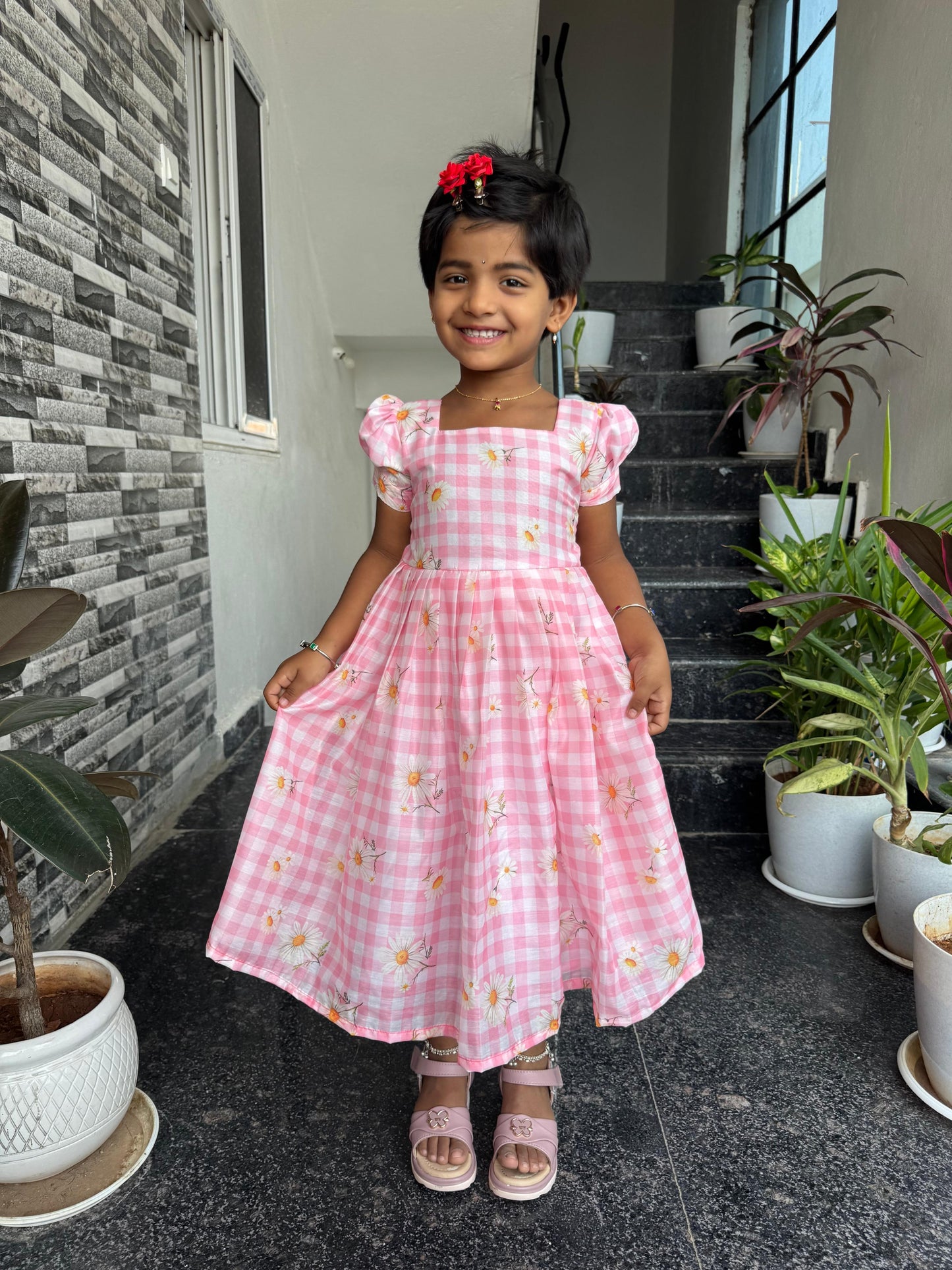 Pink Mul Cotton Floral Checkered Kids Wear
