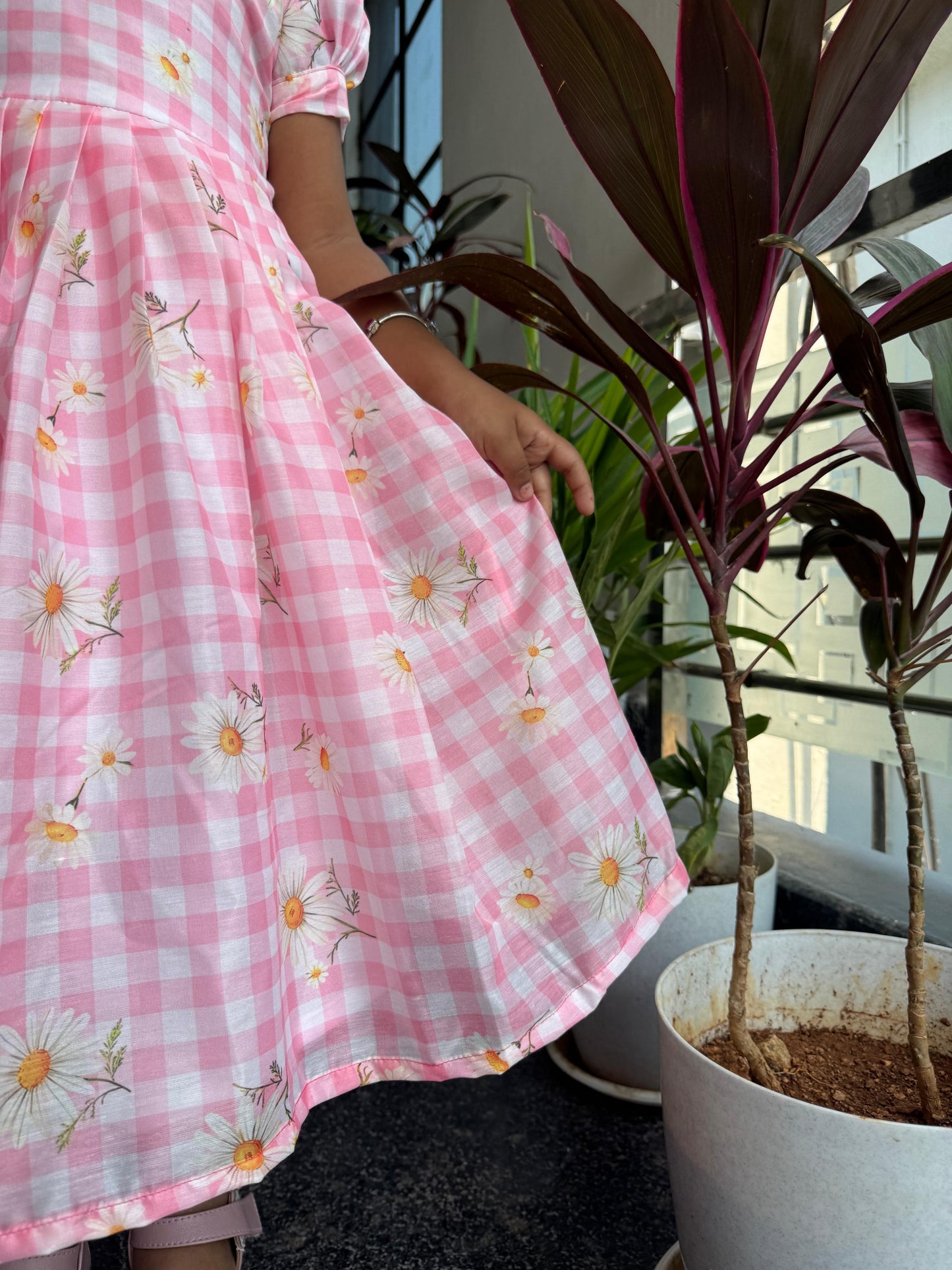 Pink Mul Cotton Floral Checkered Kids Wear