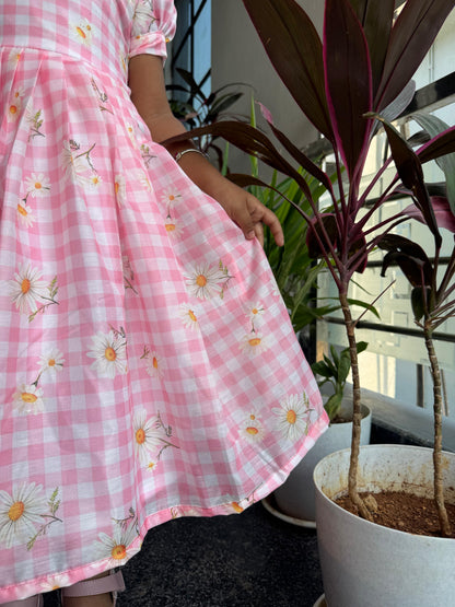 Pink Mul Cotton Floral Checkered Kids Wear