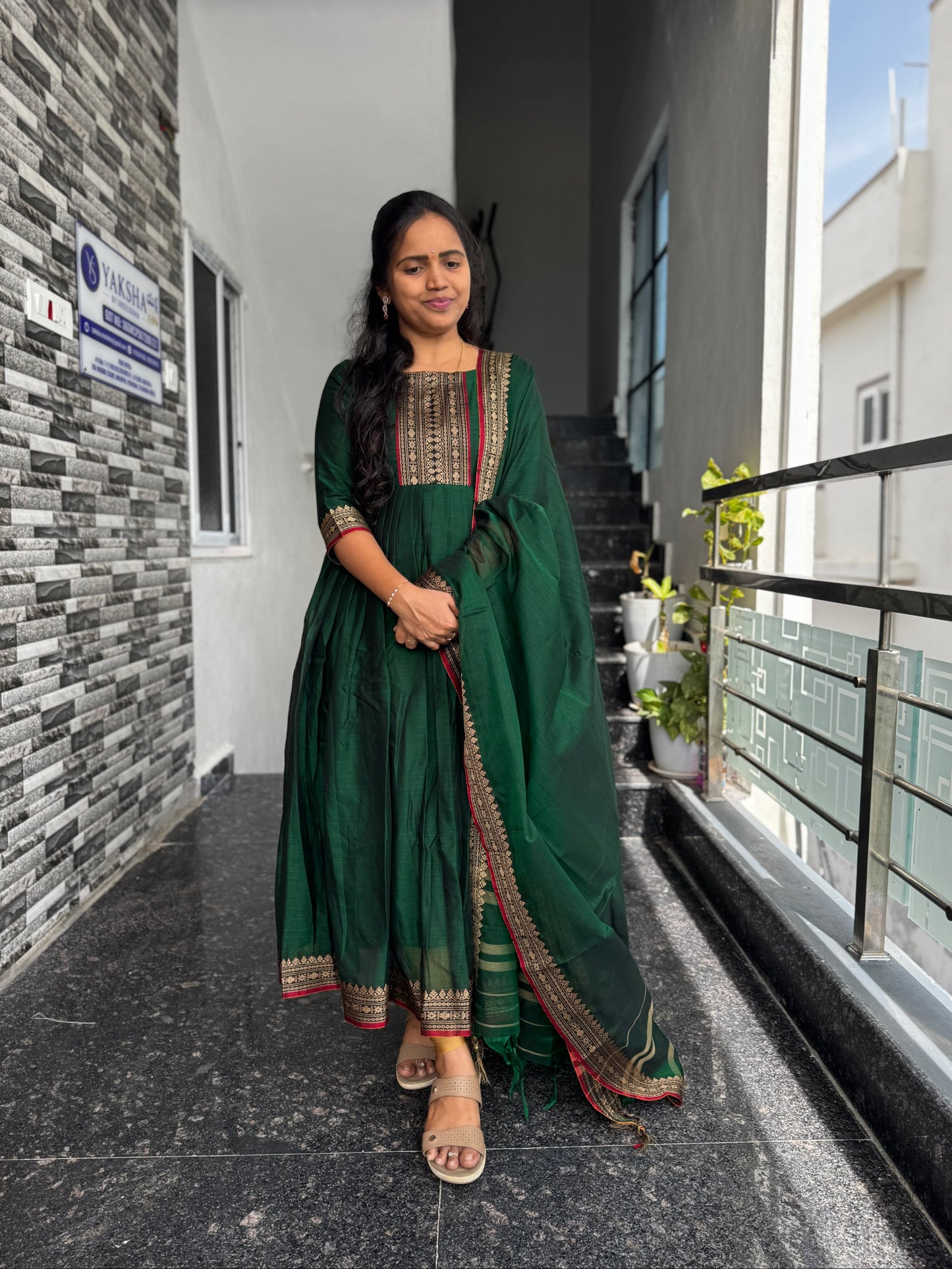 Bottle Green Narayanpet Mercerised Cotton Anarkali 2 piece Set