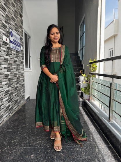 Bottle Green Narayanpet Mercerised Cotton Anarkali 2 piece Set