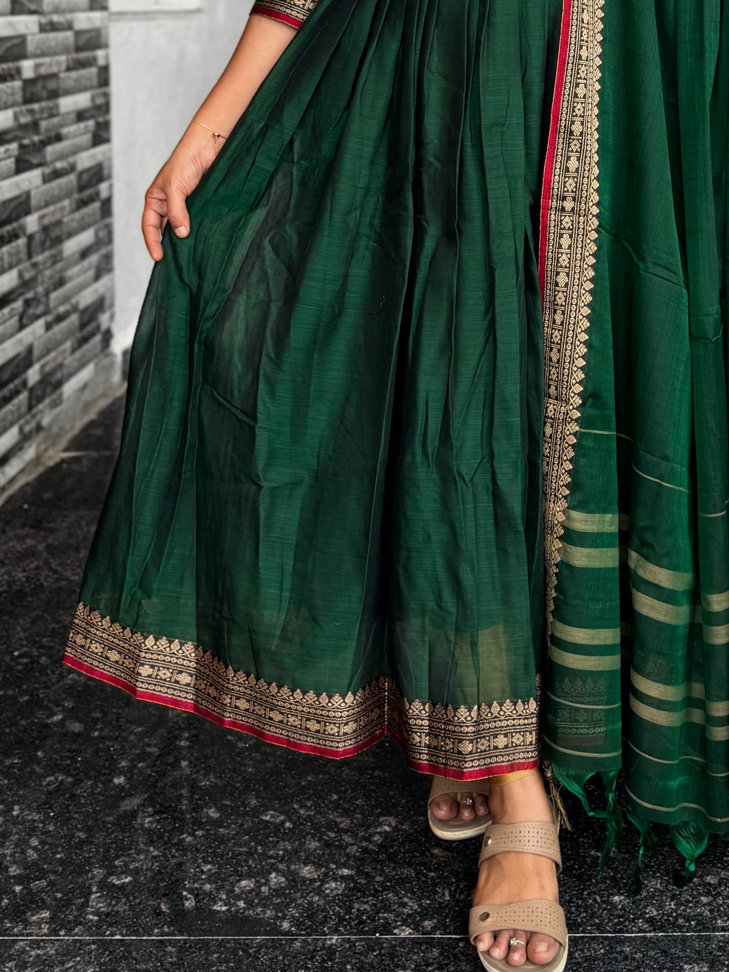 Bottle Green Narayanpet Mercerised Cotton Anarkali 2 piece Set