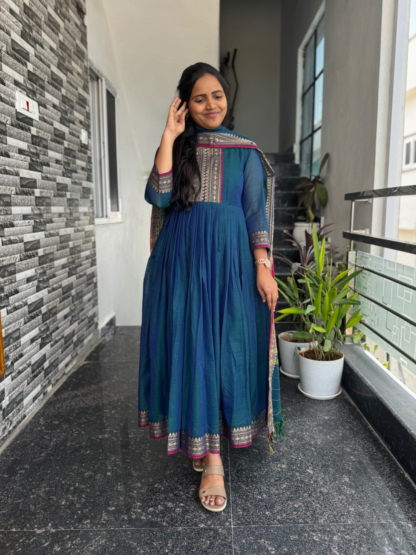 Teal Blue Narayanpet Mercerised Cotton Anarkali 2-Piece Set