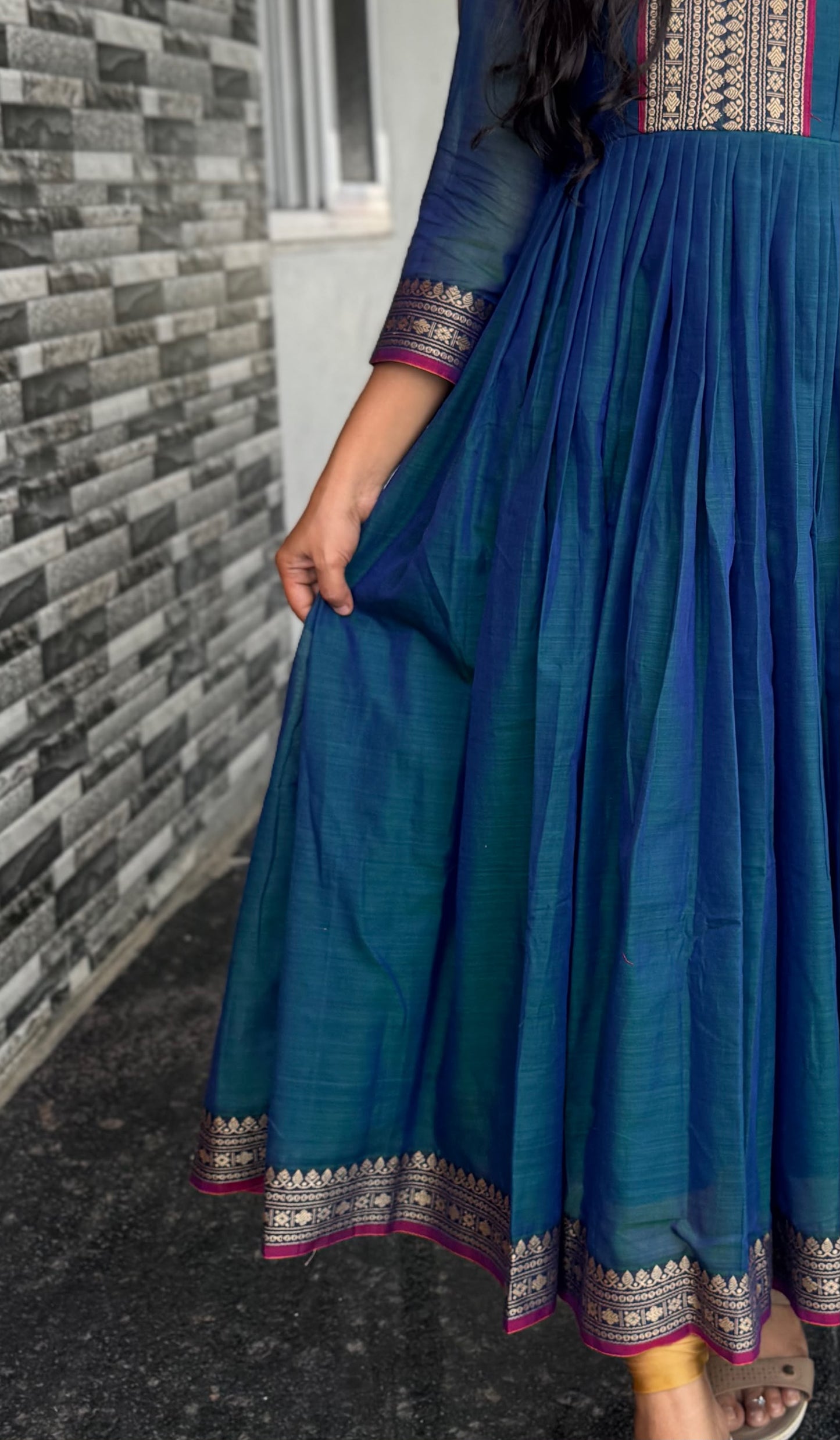 Teal Blue Narayanpet Mercerised Cotton Anarkali 2-Piece Set