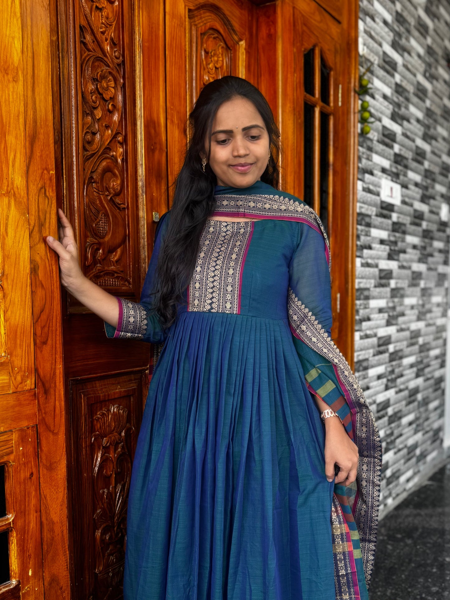 Teal Blue Narayanpet Mercerised Cotton Anarkali 2-Piece Set