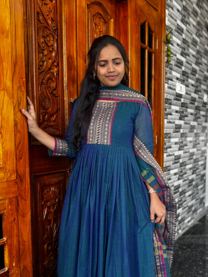 Teal Blue Narayanpet Mercerised Cotton Anarkali 2-Piece Set