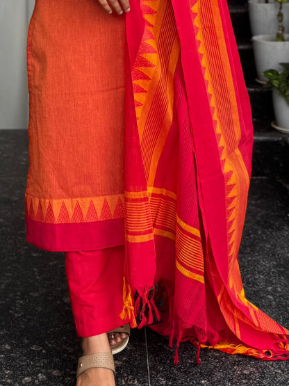 Orange & Pink Mangalagiri Cotton 3-Piece Set