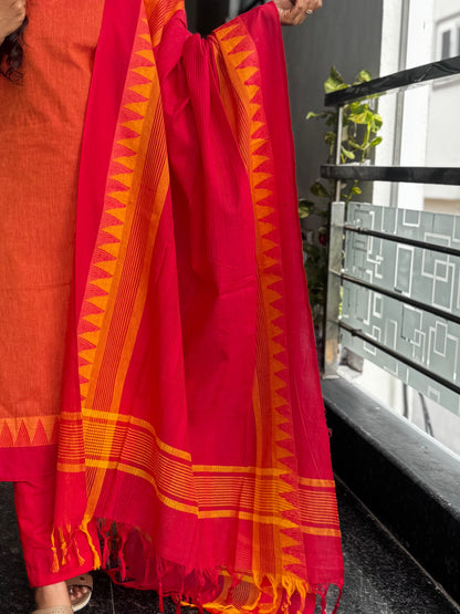Orange & Pink Mangalagiri Cotton 3-Piece Set