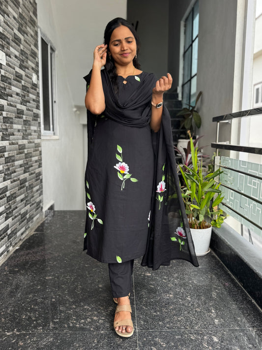 Black Bagru Hand-Printed Mul Cotton 3-Piece Set