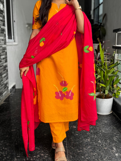 Mustard Yellow Bagru Hand-Printed Mul Cotton 3-Piece Set