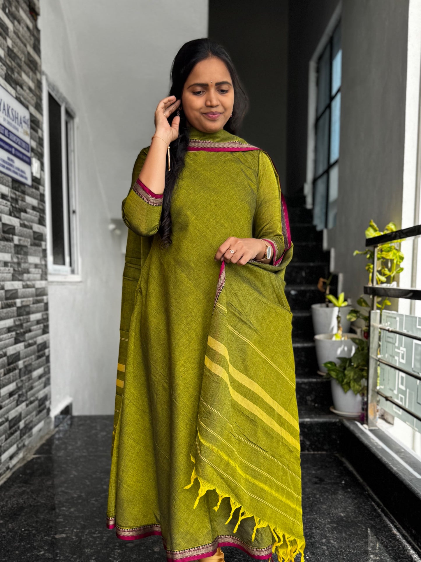 Olive Green Narayanpet VIP border A-Line Umbrella Anarkali 2 Piece set