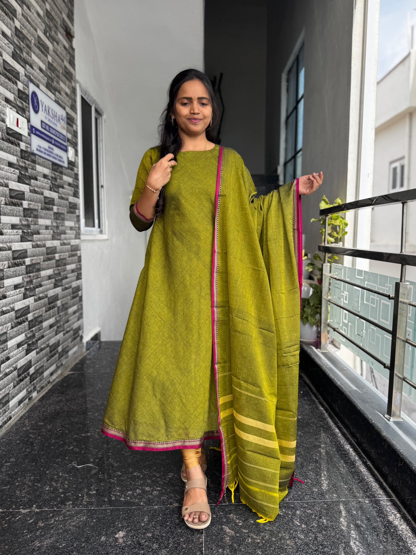 Olive Green Narayanpet VIP border A-Line Umbrella Anarkali 2 Piece set