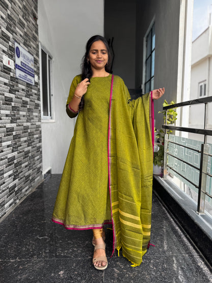 Olive Green Narayanpet VIP border A-Line Umbrella Anarkali 2 Piece set