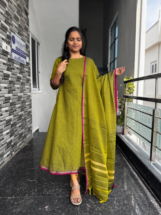 Olive Green Narayanpet VIP border A-Line Umbrella Anarkali 2 Piece set