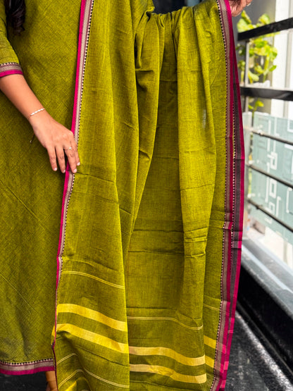 Olive Green Narayanpet VIP border A-Line Umbrella Anarkali 2 Piece set