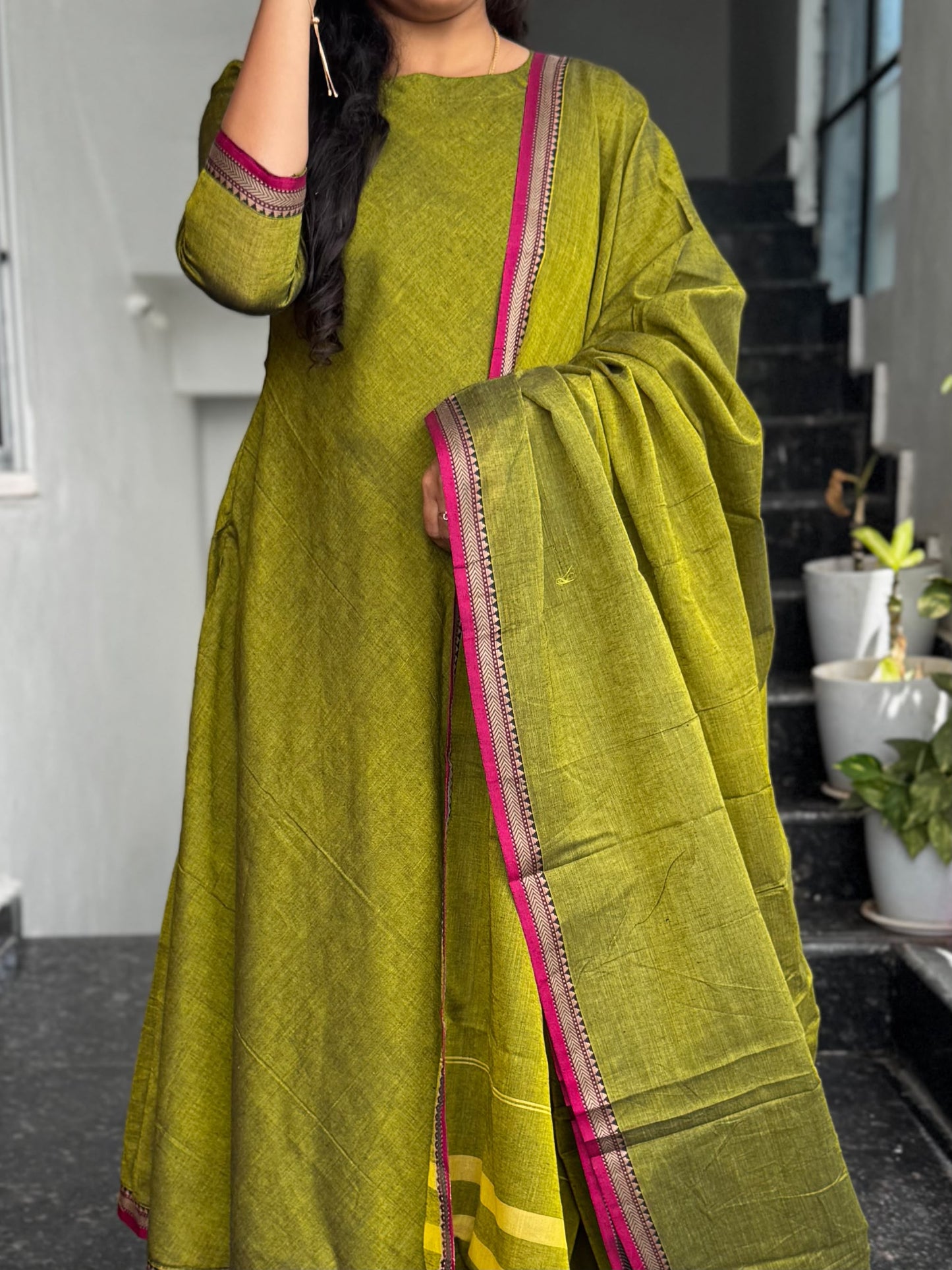 Olive Green Narayanpet VIP border A-Line Umbrella Anarkali 2 Piece set
