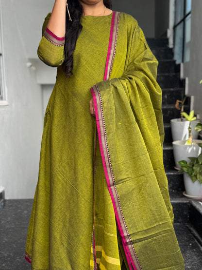 Olive Green Narayanpet VIP border A-Line Umbrella Anarkali 2 Piece set
