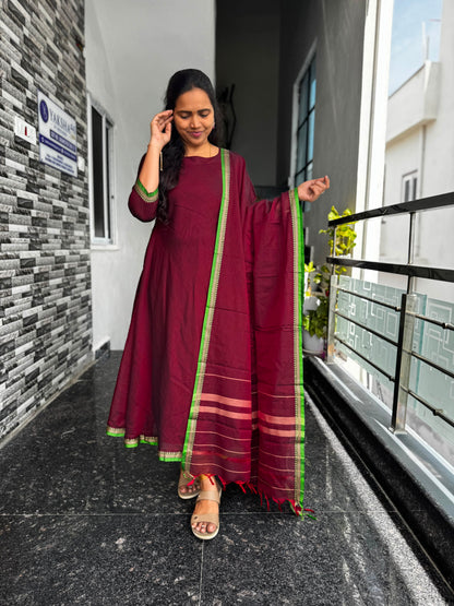 Maroon Narayanpet VIP border A-Line Umbrella Anarkali 2 Piece set