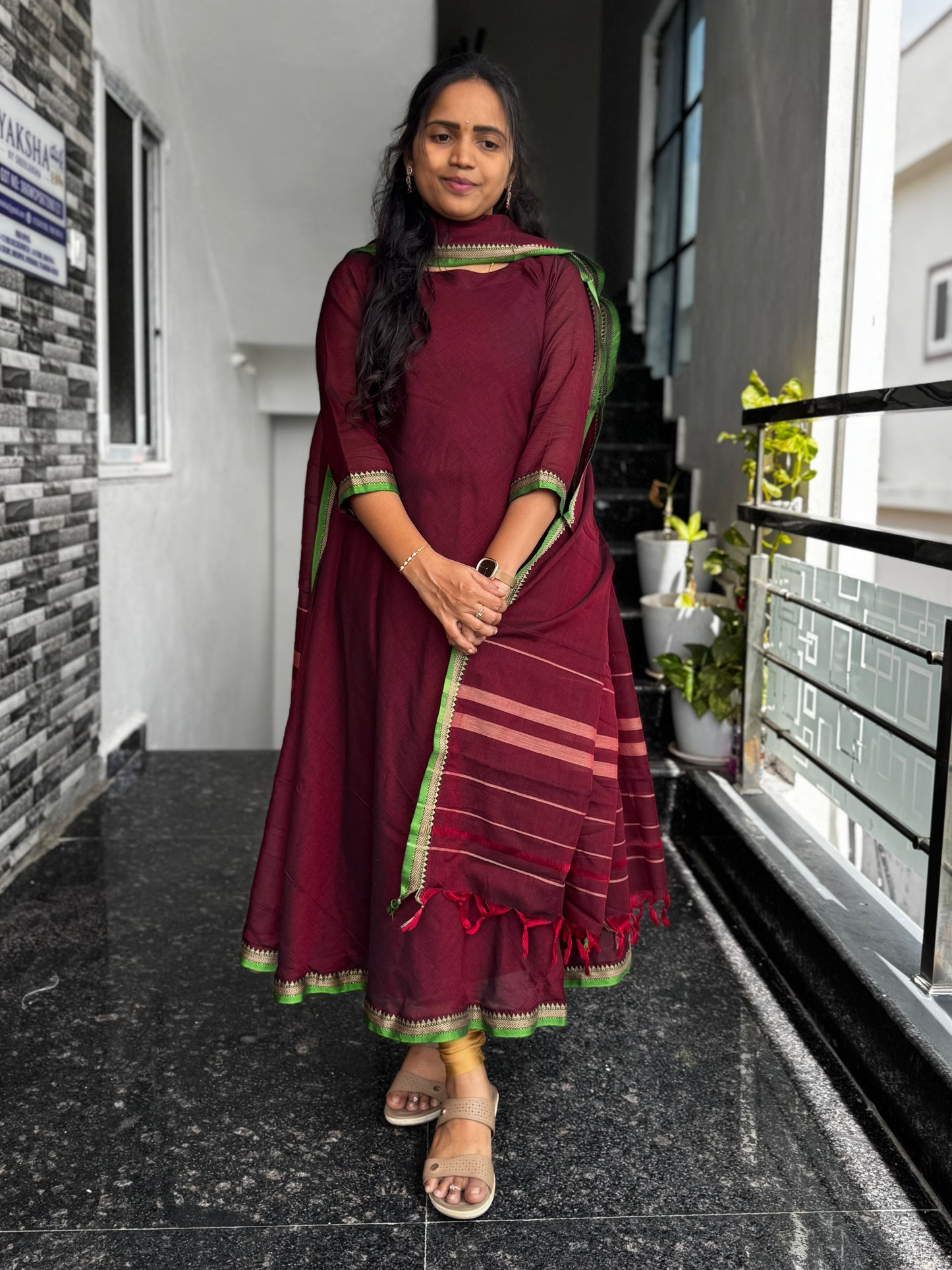 Maroon Narayanpet VIP border A-Line Umbrella Anarkali 2 Piece set