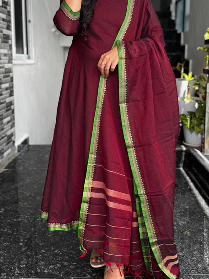 Maroon Narayanpet VIP border A-Line Umbrella Anarkali 2 Piece set