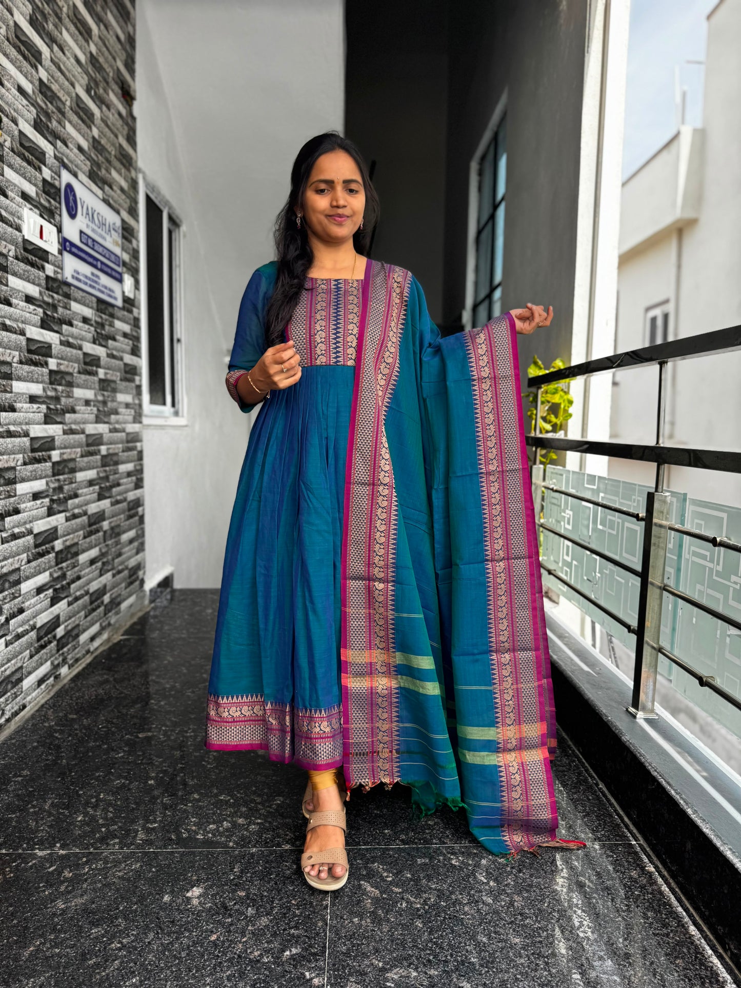 Teal Blue Narayanpet Anarkali with Peacock Border 2 Piece set