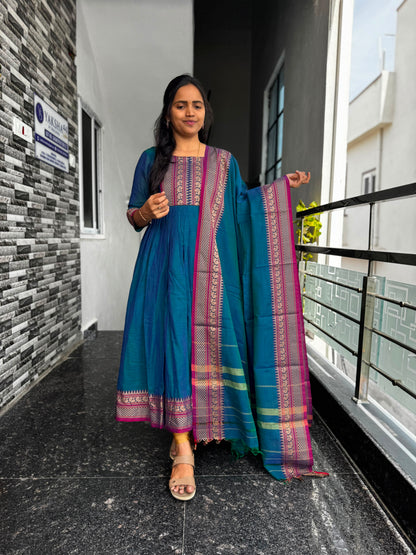Teal Blue Narayanpet Anarkali with Peacock Border 2 Piece set