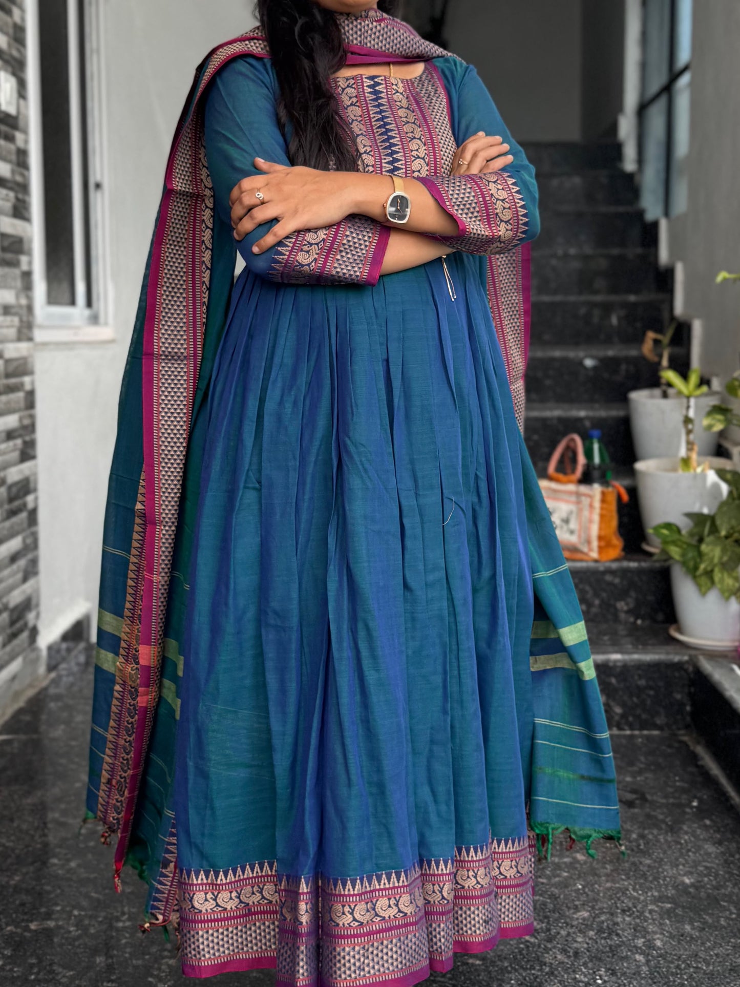 Teal Blue Narayanpet Anarkali with Peacock Border 2 Piece set