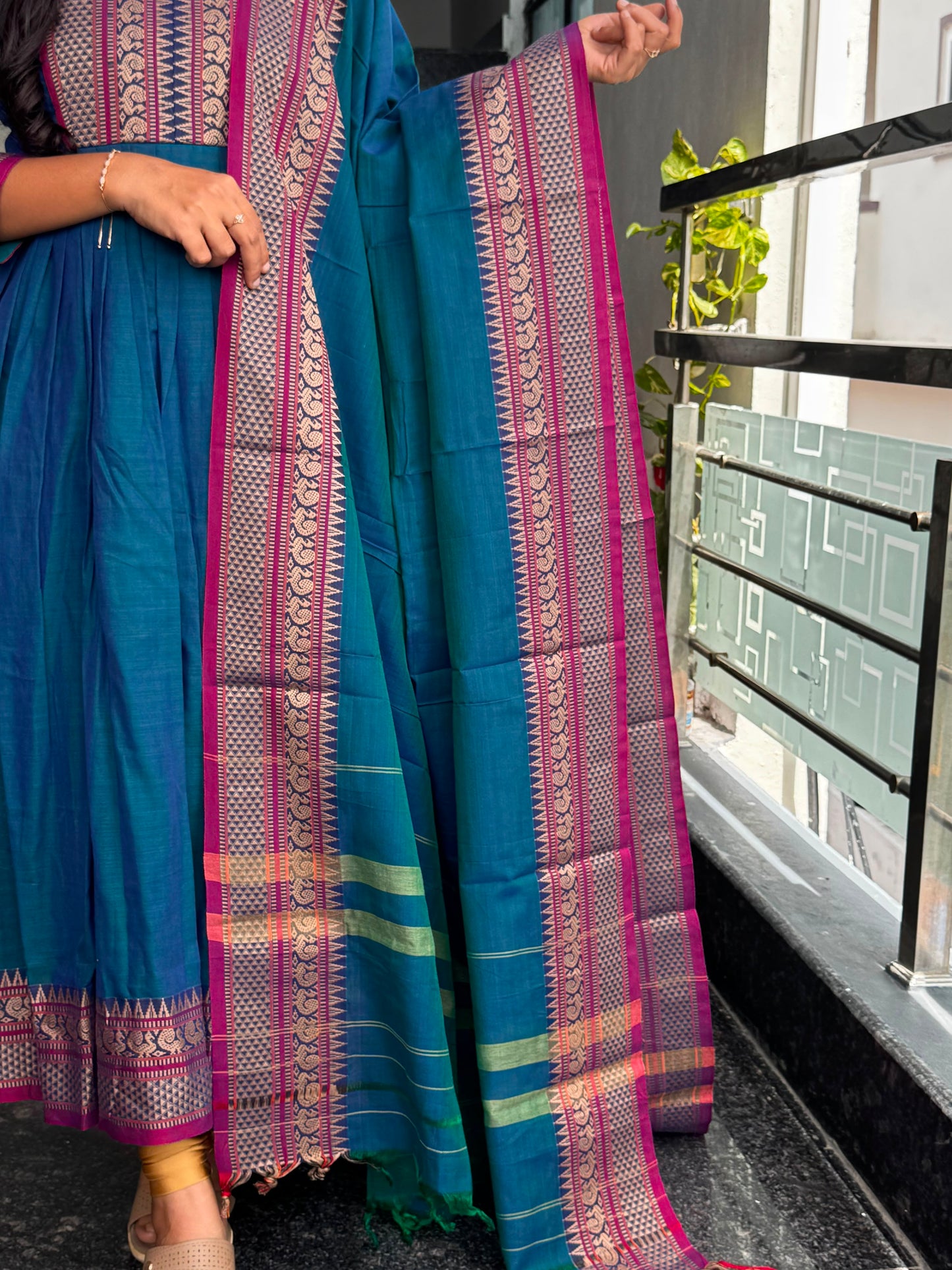 Teal Blue Narayanpet Anarkali with Peacock Border 2 Piece set