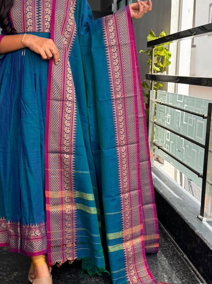 Teal Blue Narayanpet Anarkali with Peacock Border 2 Piece set