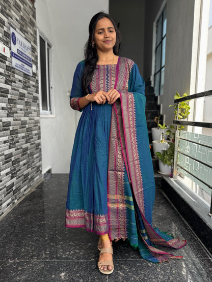 Teal Blue Narayanpet Anarkali with Peacock Border 2 Piece set