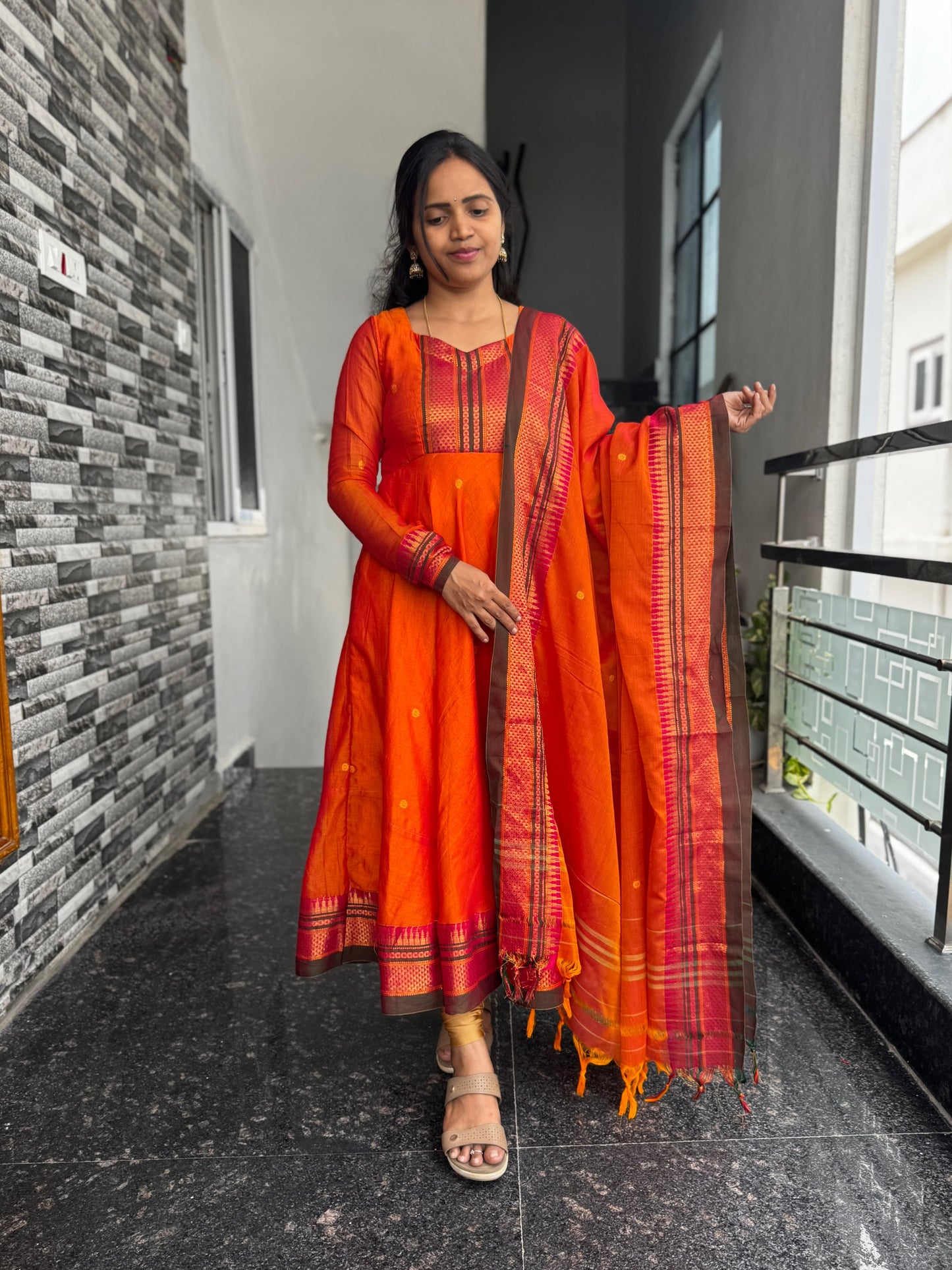 Orange Narayanpet Anarkali 2-Piece Set