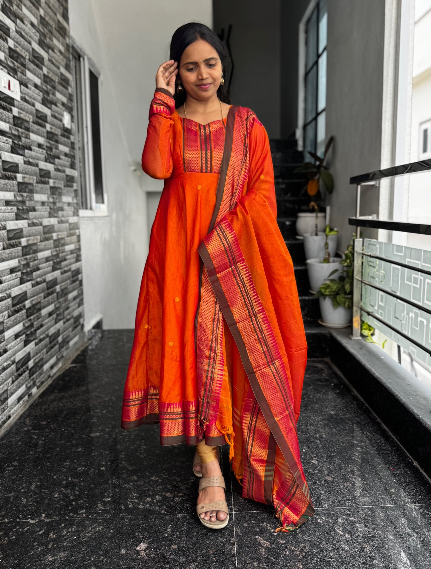 Orange Narayanpet Anarkali 2-Piece Set