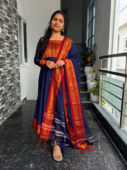 Navy Blue Narayanpet Anarkali with Zari Border 2-Piece Set